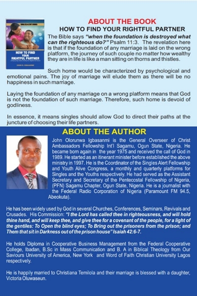 How To Find Your Right Partner - By - Pastor Igbasanmi of Singles Alert Network book for singles.